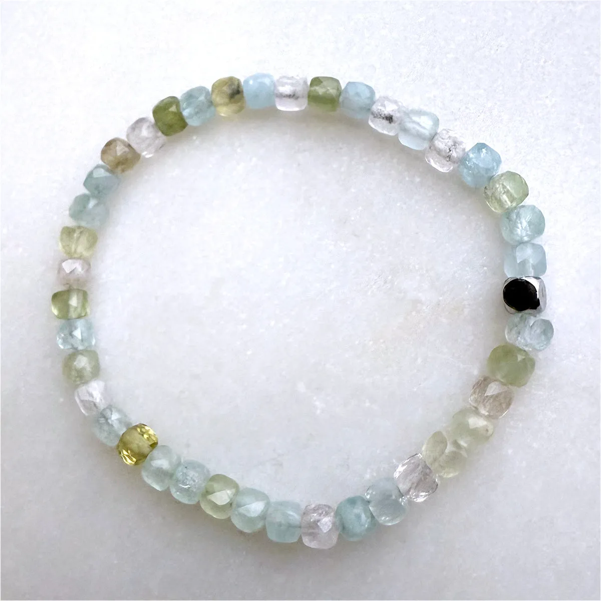 Multi-Aquamarine Blue Green Yellow Pink Morganite Cube Beads Gemstones Crystals Boho Hippie Design - Stretch Bracelet Handmade Jewelry