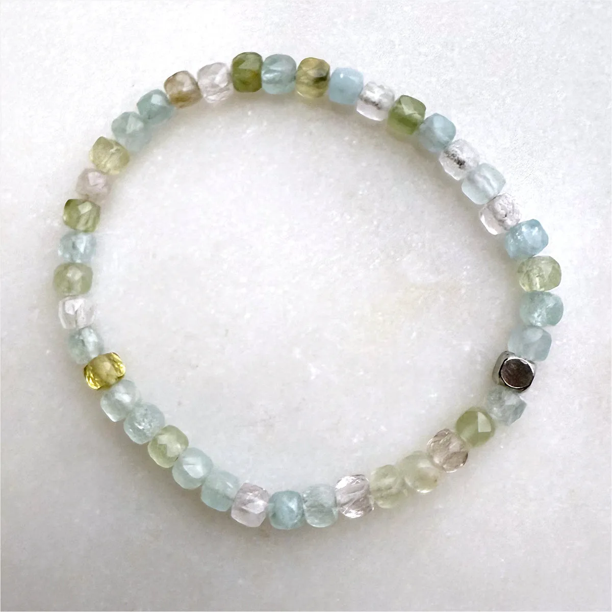 Multi-Aquamarine Blue Green Yellow Pink Morganite Cube Beads Gemstones Crystals Boho Hippie Design - Stretch Bracelet Handmade Jewelry