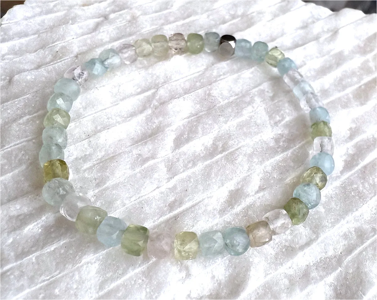 Multi-Aquamarine Blue Green Yellow Pink Morganite Cube Beads Gemstones Crystals Boho Hippie Design - Stretch Bracelet Handmade Jewelry