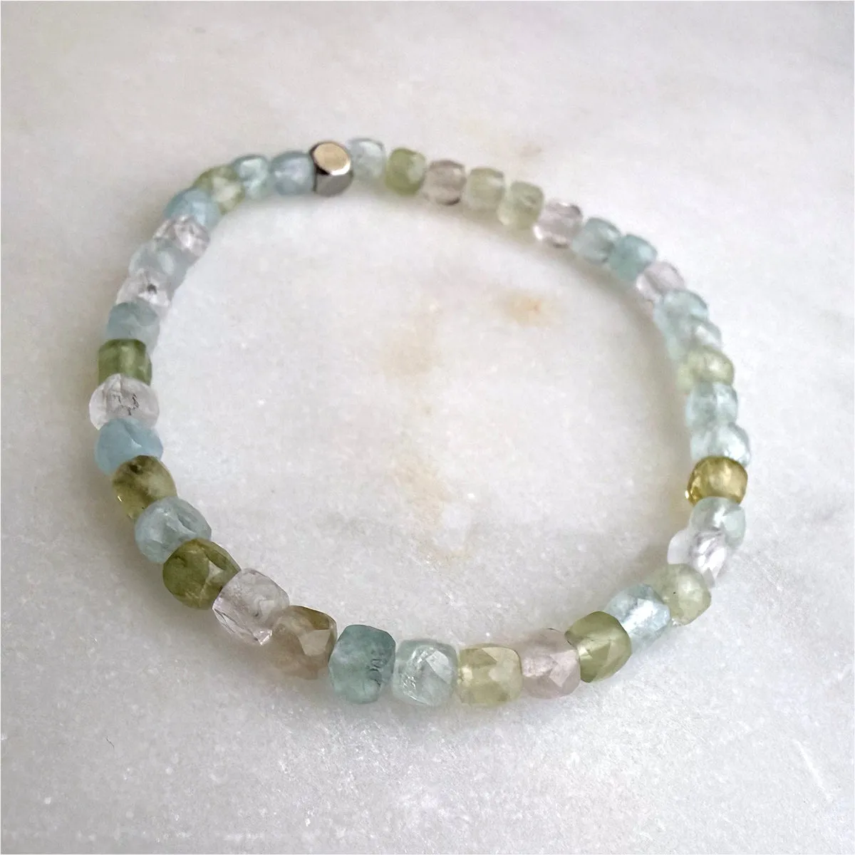 Multi-Aquamarine Blue Green Yellow Pink Morganite Cube Beads Gemstones Crystals Boho Hippie Design - Stretch Bracelet Handmade Jewelry