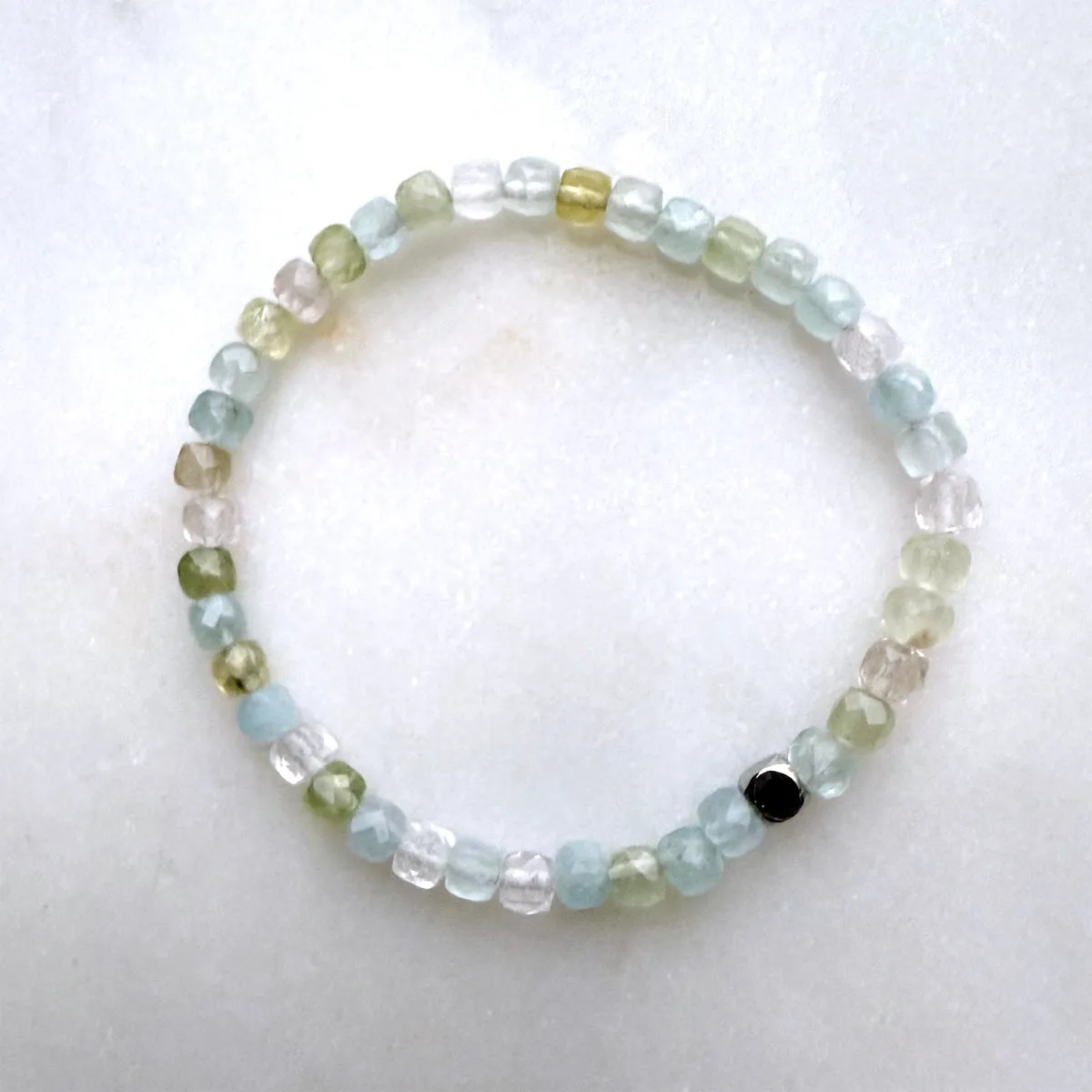 Multi-Aquamarine Blue Green Yellow Pink Morganite Cube Beads Gemstones Crystals Boho Hippie Design - Stretch Bracelet Handmade Jewelry