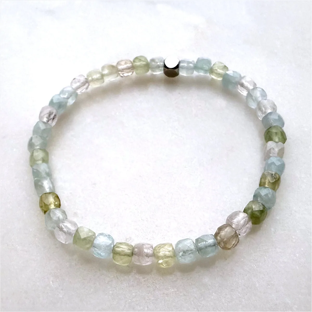 Multi-Aquamarine Blue Green Yellow Pink Morganite Cube Beads Gemstones Crystals Boho Hippie Design - Stretch Bracelet Handmade Jewelry