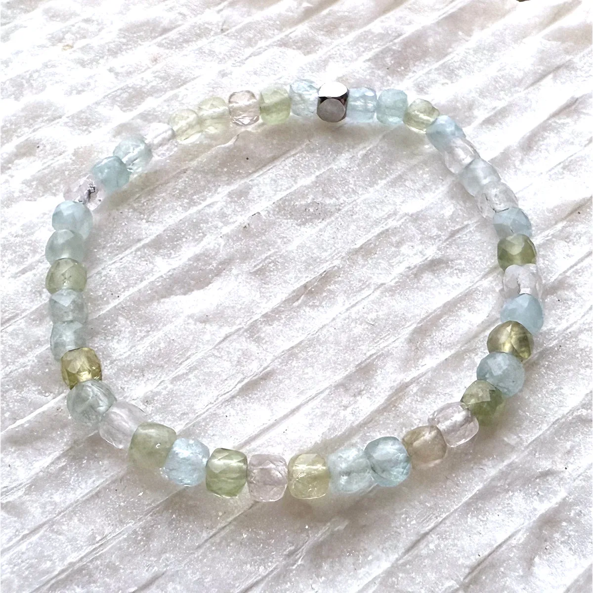 Multi-Aquamarine Blue Green Yellow Pink Morganite Cube Beads Gemstones Crystals Boho Hippie Design - Stretch Bracelet Handmade Jewelry