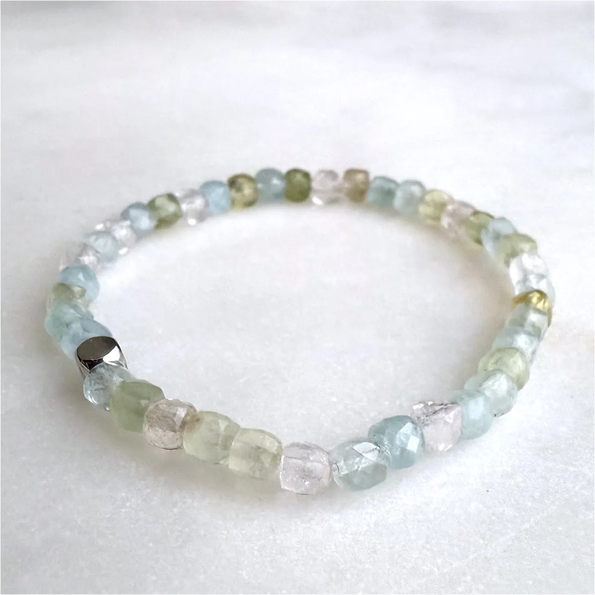 Multi-Aquamarine Blue Green Yellow Pink Morganite Cube Beads Gemstones Crystals Boho Hippie Design - Stretch Bracelet Handmade Jewelry