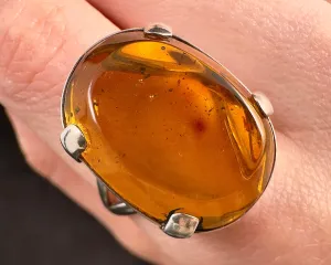 Natural AMBER Ring - Adjustable - Genuine Sterling Silver Ring with a Polished AMBER Center Stone, 53762