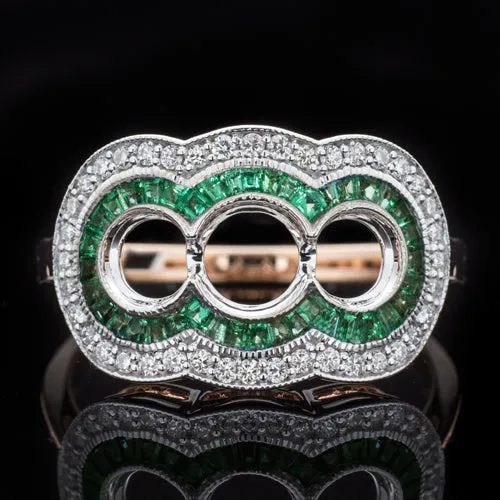 NATURAL EMERALD DIAMOND ART DECO ENGAGEMENT RING SETTING VINTAGE STYLE 3 STONE