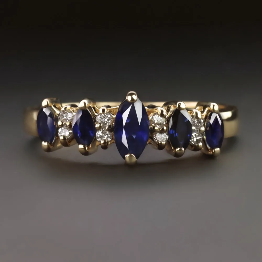 NATURAL SAPPHIRE DIAMOND COCKTAIL RING MARQUISE SHAPE BAND 14k YELLOW GOLD BLUE