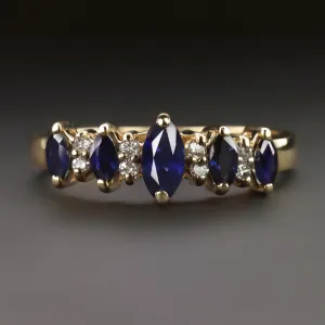 NATURAL SAPPHIRE DIAMOND COCKTAIL RING MARQUISE SHAPE BAND 14k YELLOW GOLD BLUE