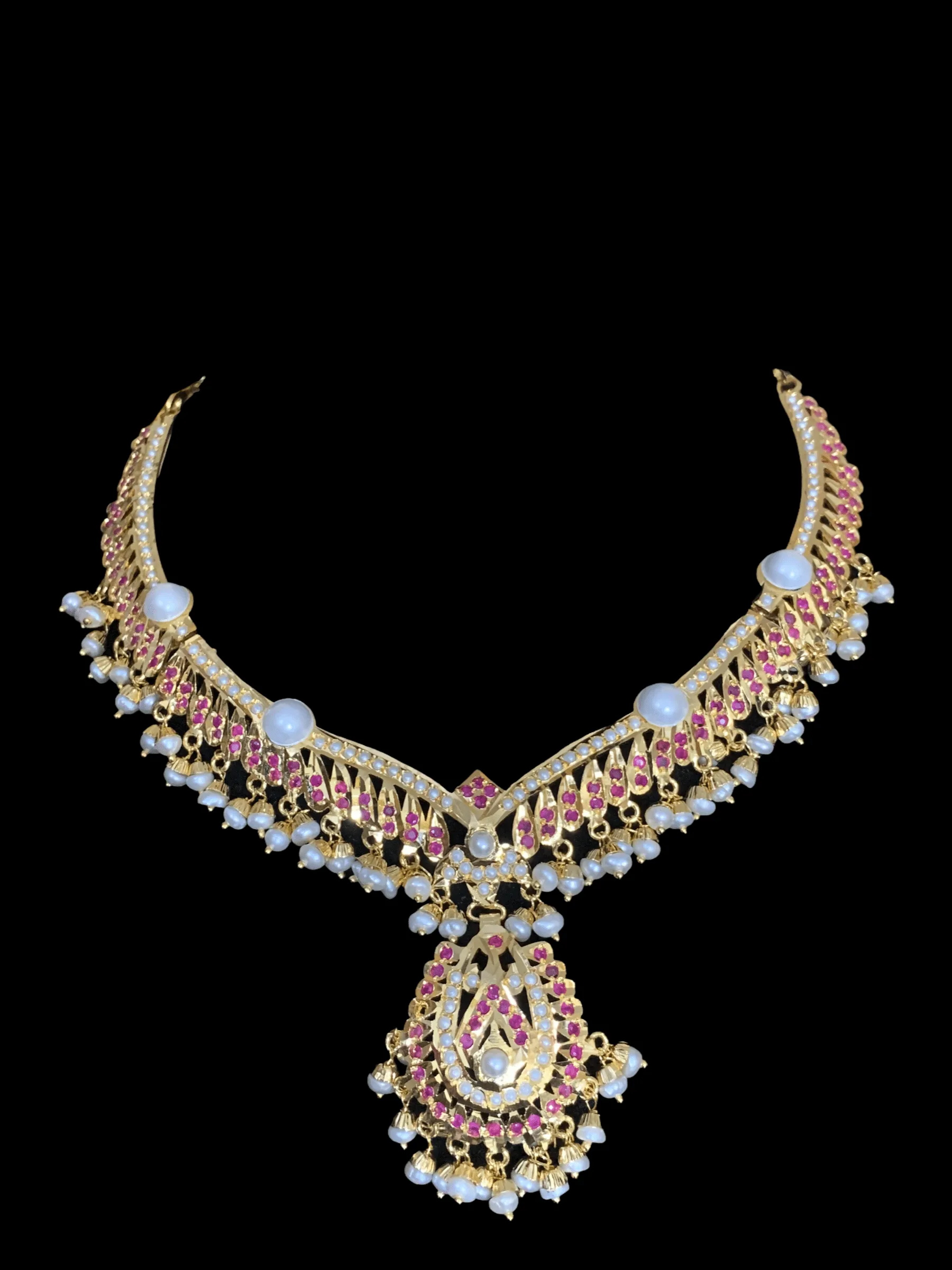 NS325  jadau necklace in ruby with fresh water pearls (READY TO SHIP )