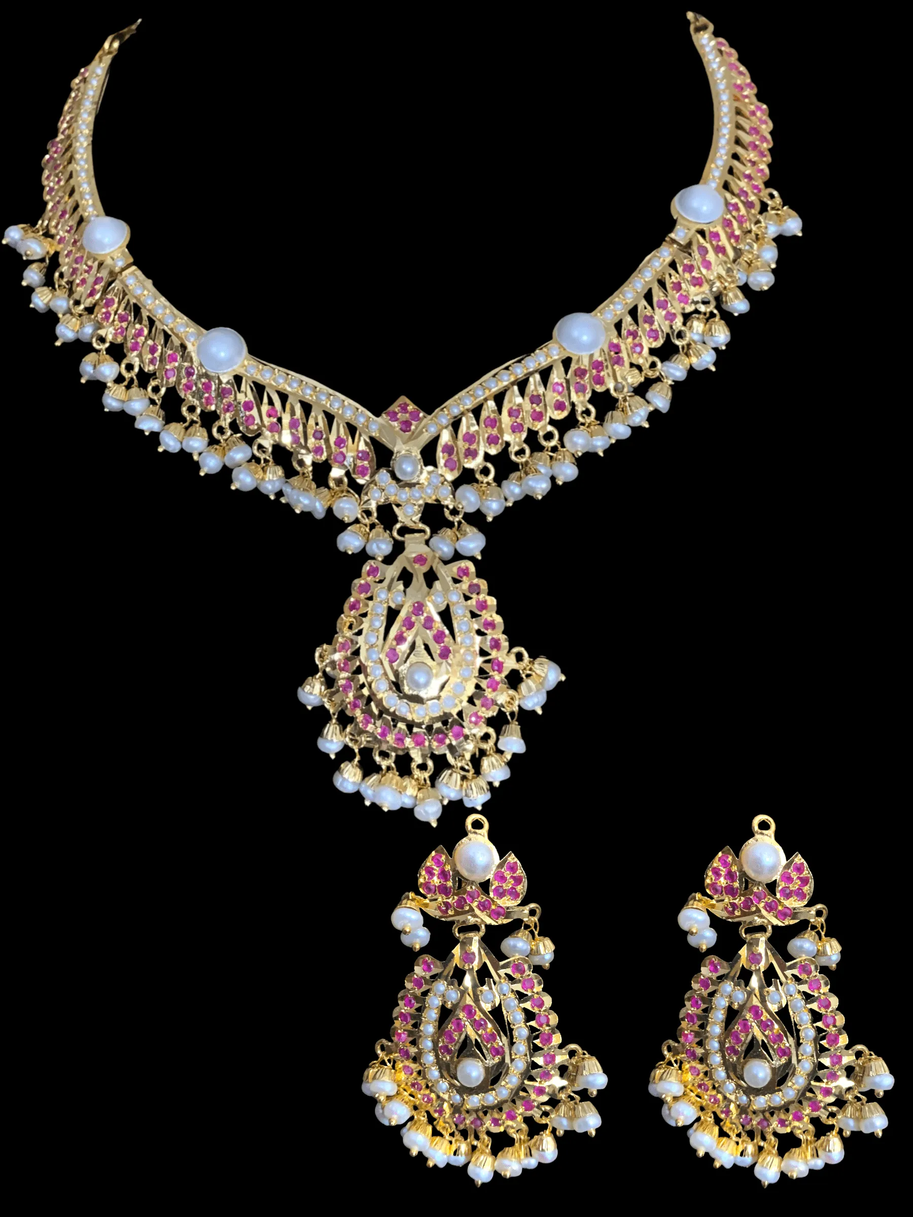 NS325  jadau necklace in ruby with fresh water pearls (READY TO SHIP )