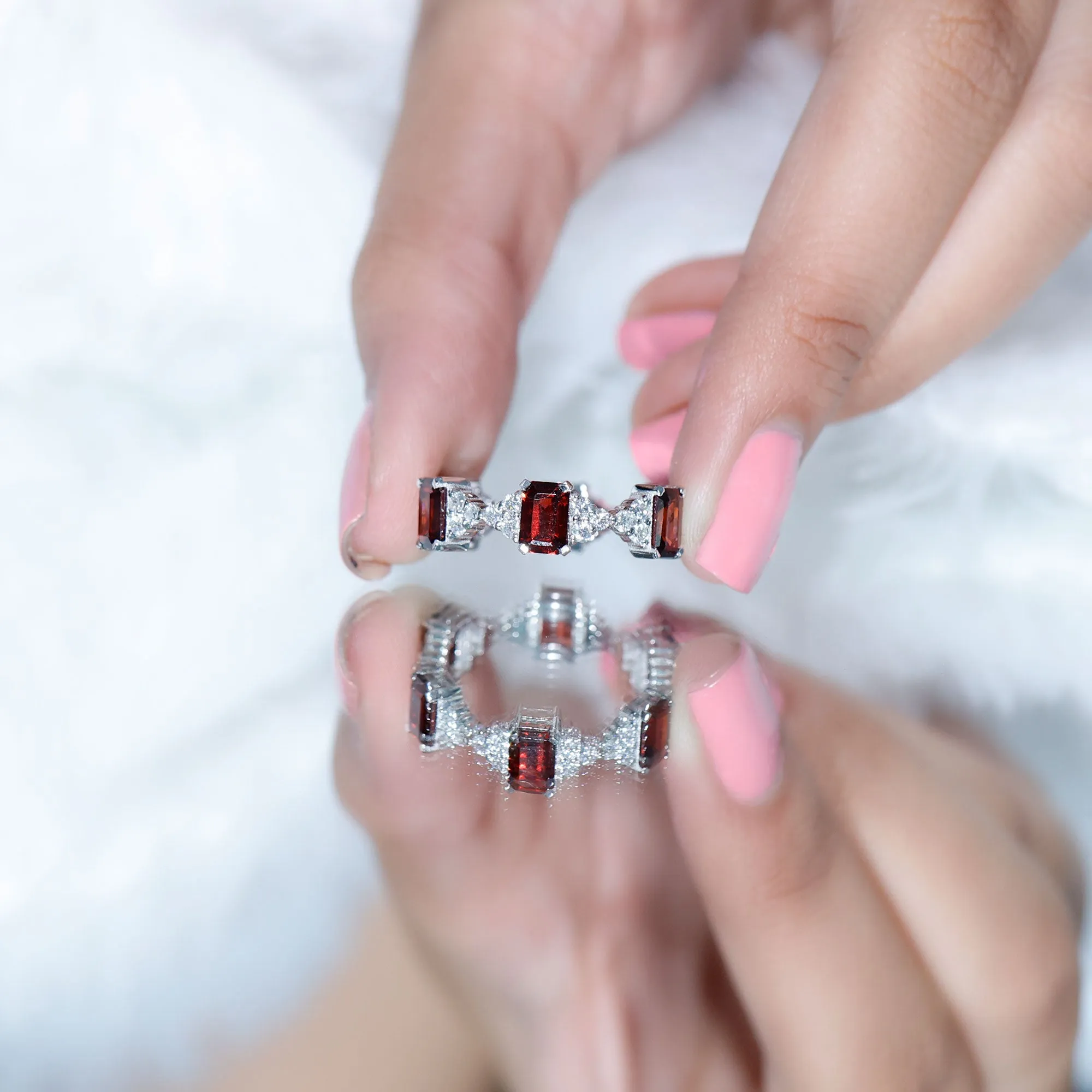 Octagon Cut Garnet and Moissanite Eternity Ring