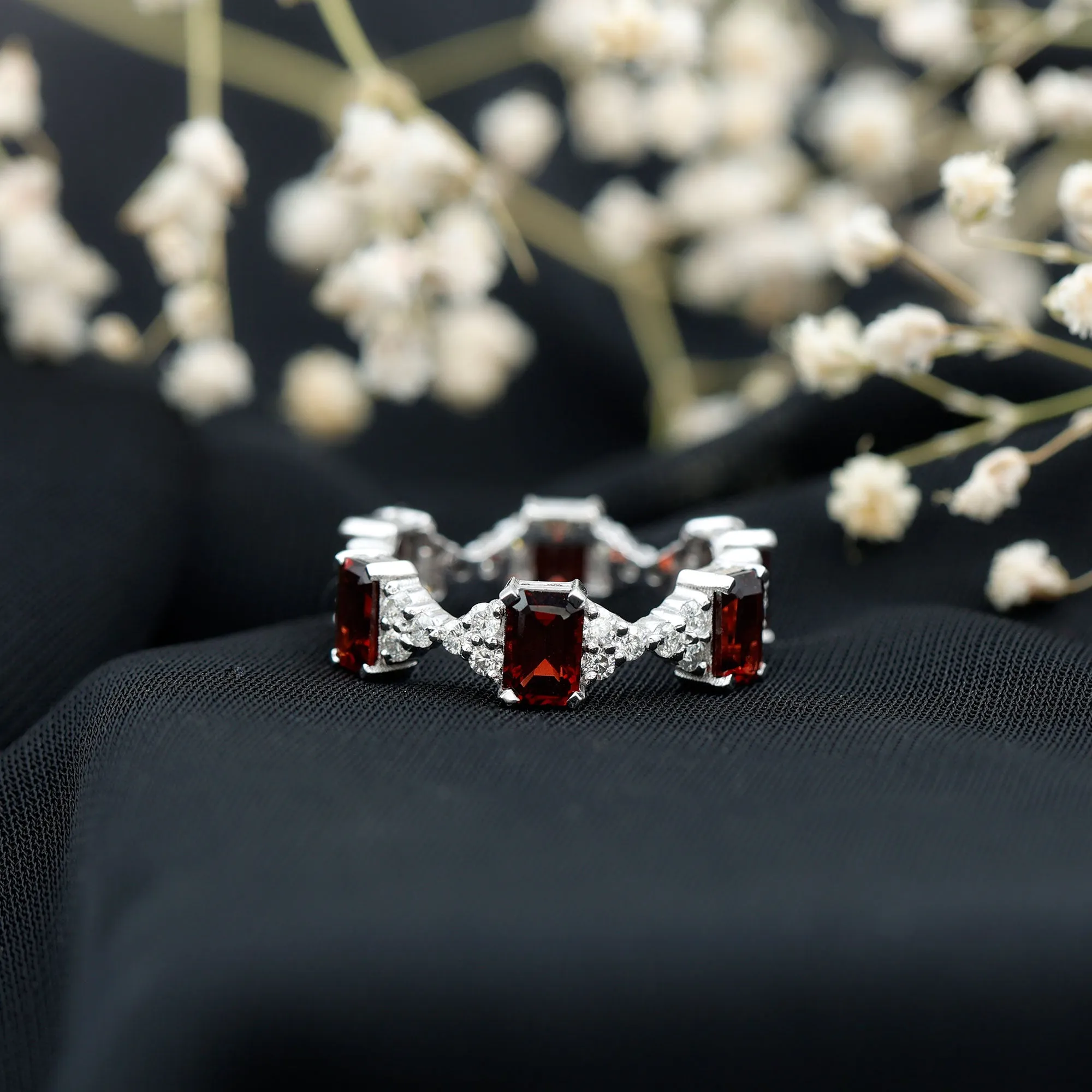 Octagon Cut Garnet and Moissanite Eternity Ring