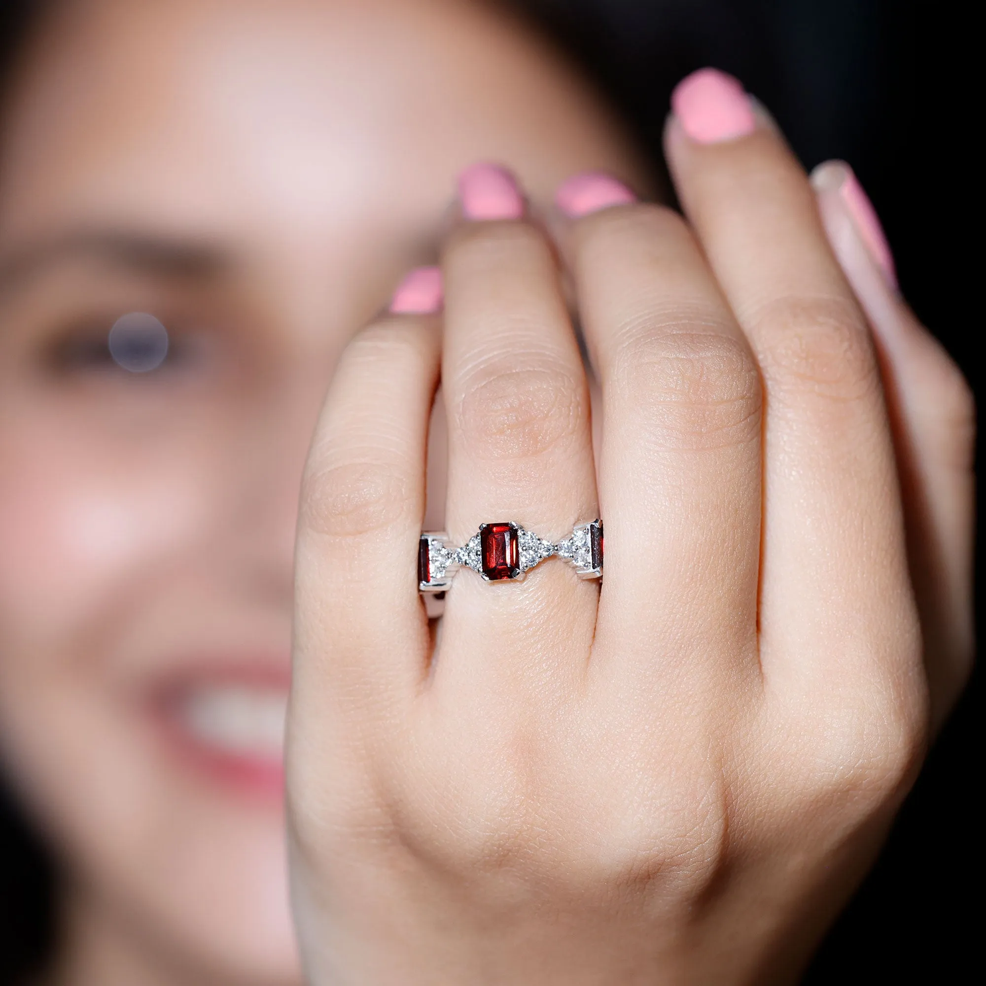 Octagon Cut Garnet and Moissanite Eternity Ring