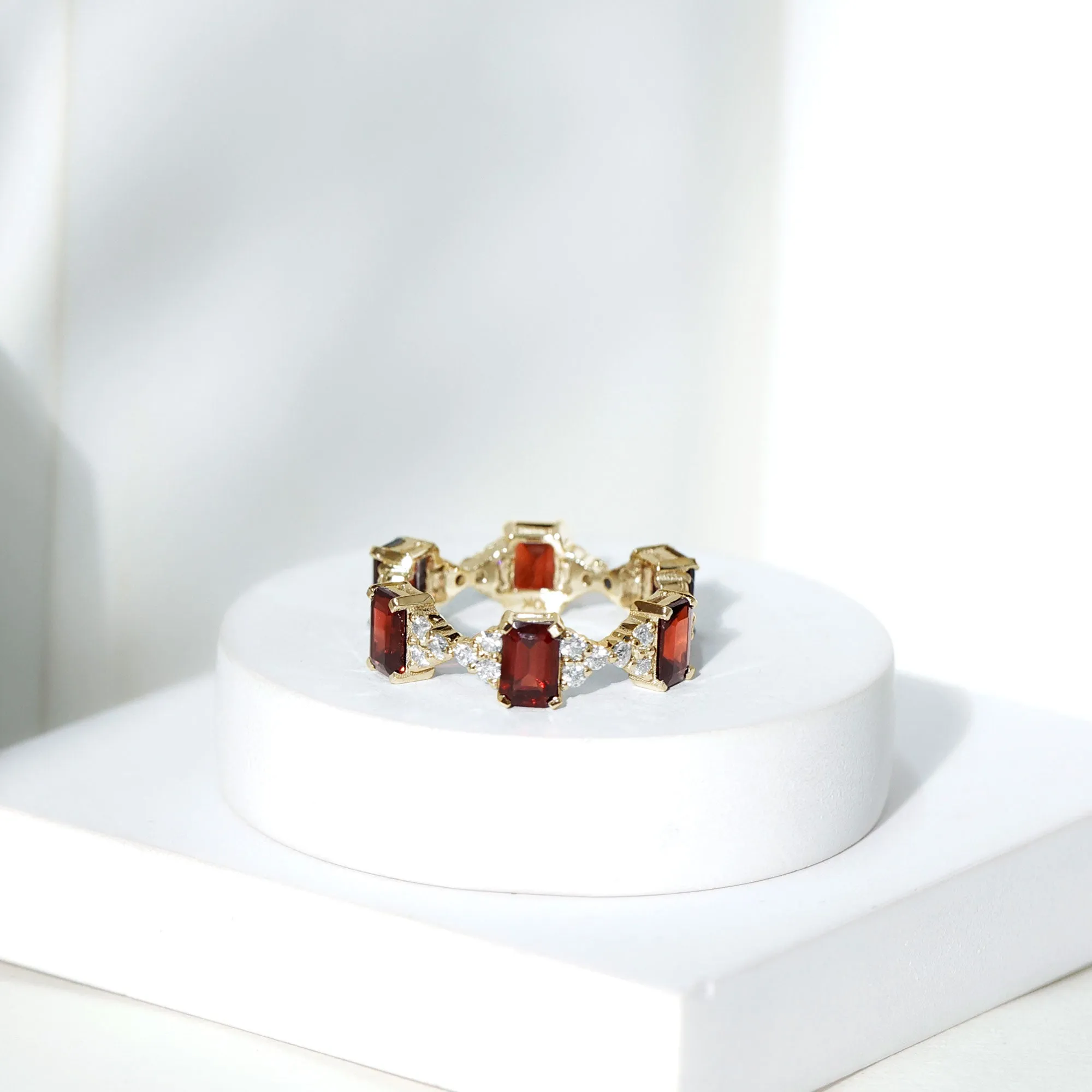 Octagon Cut Garnet and Moissanite Eternity Ring