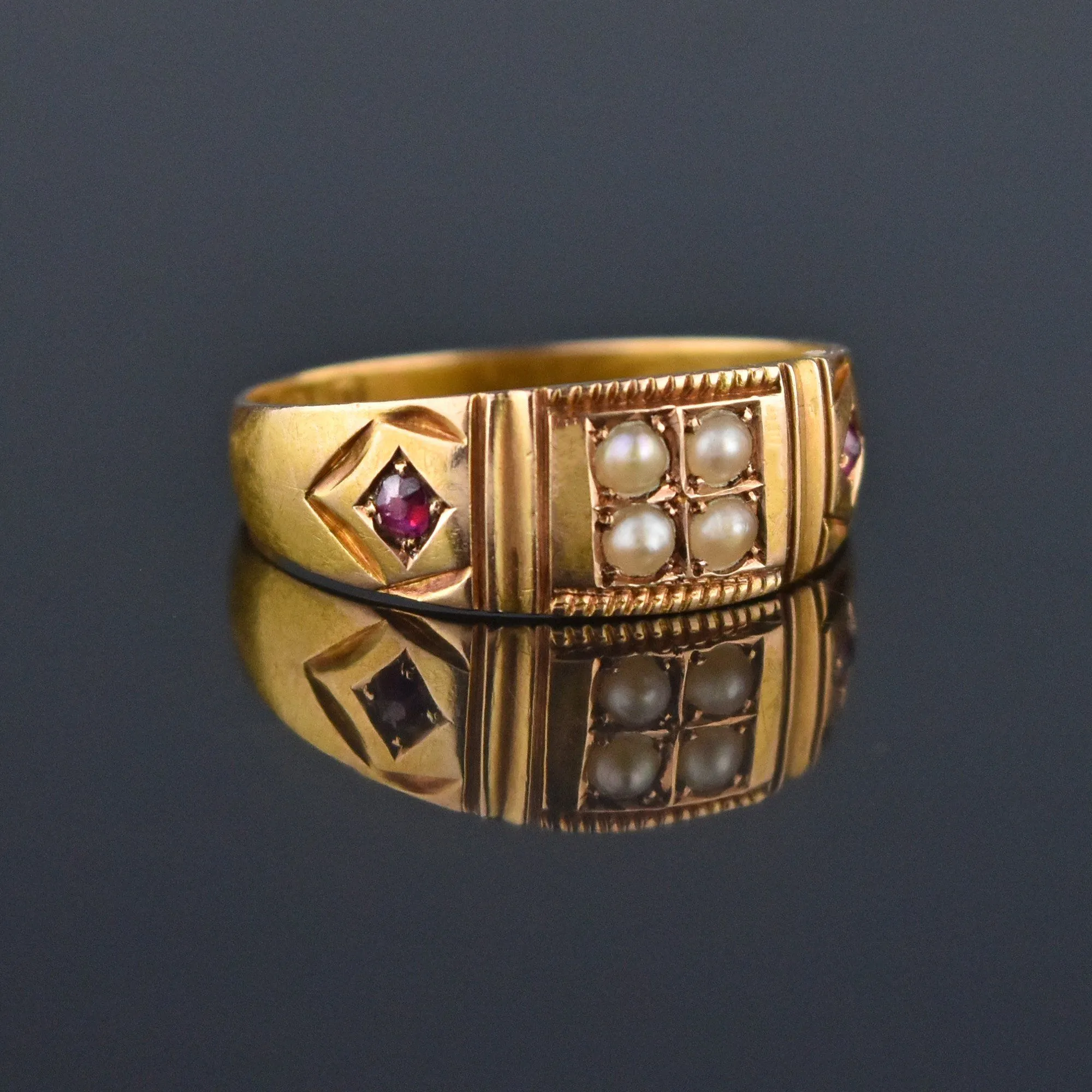 ON LAYAWAY Antique 15K Gold Ruby Pearl Gypsy Band Ring, C 1880s