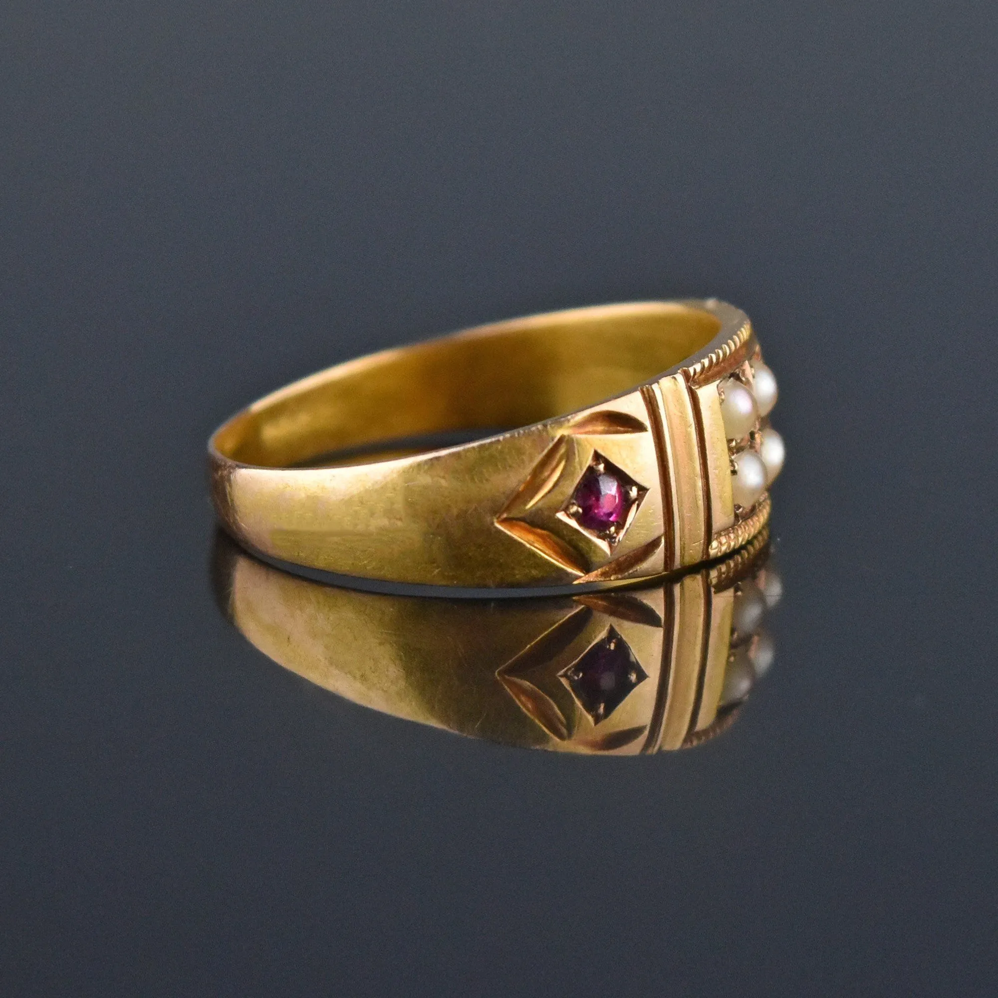 ON LAYAWAY Antique 15K Gold Ruby Pearl Gypsy Band Ring, C 1880s