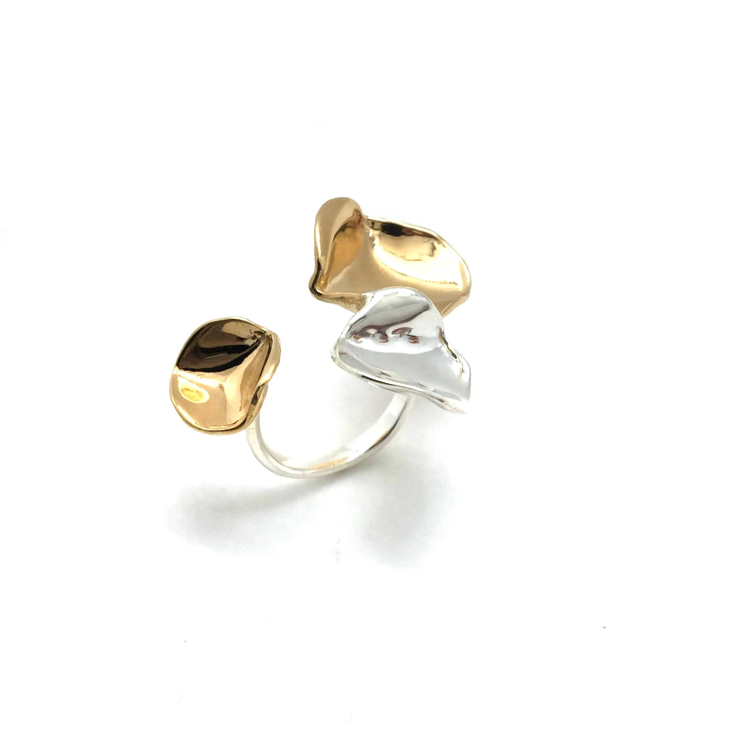 Open Silver and Gold Three-Petal Ring