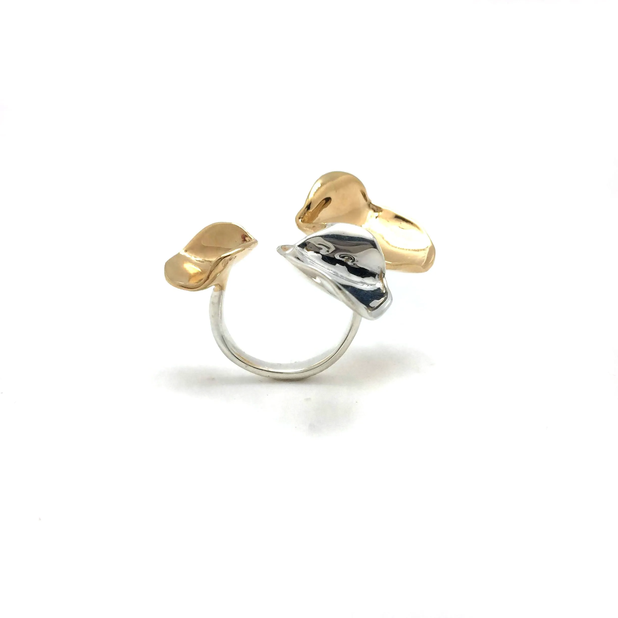 Open Silver and Gold Three-Petal Ring