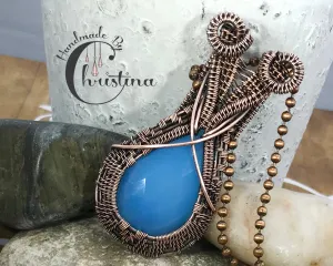 Oxidized Copper Wire Woven Blue Chalcedony Pendant