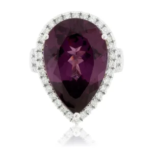 Pear Rhodolite Garnet and Diamond Halo Ring