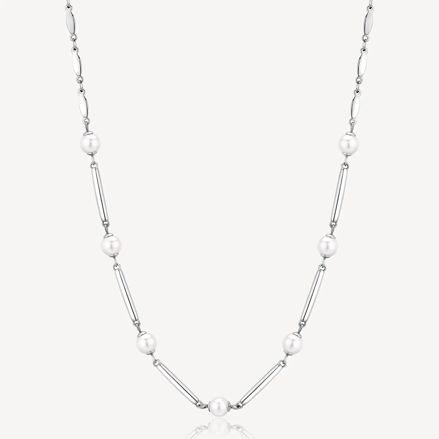 Pearl and Bar Link Necklace in Stainless Steel