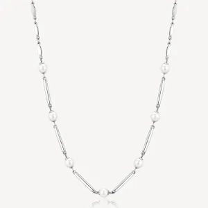 Pearl and Bar Link Necklace in Stainless Steel