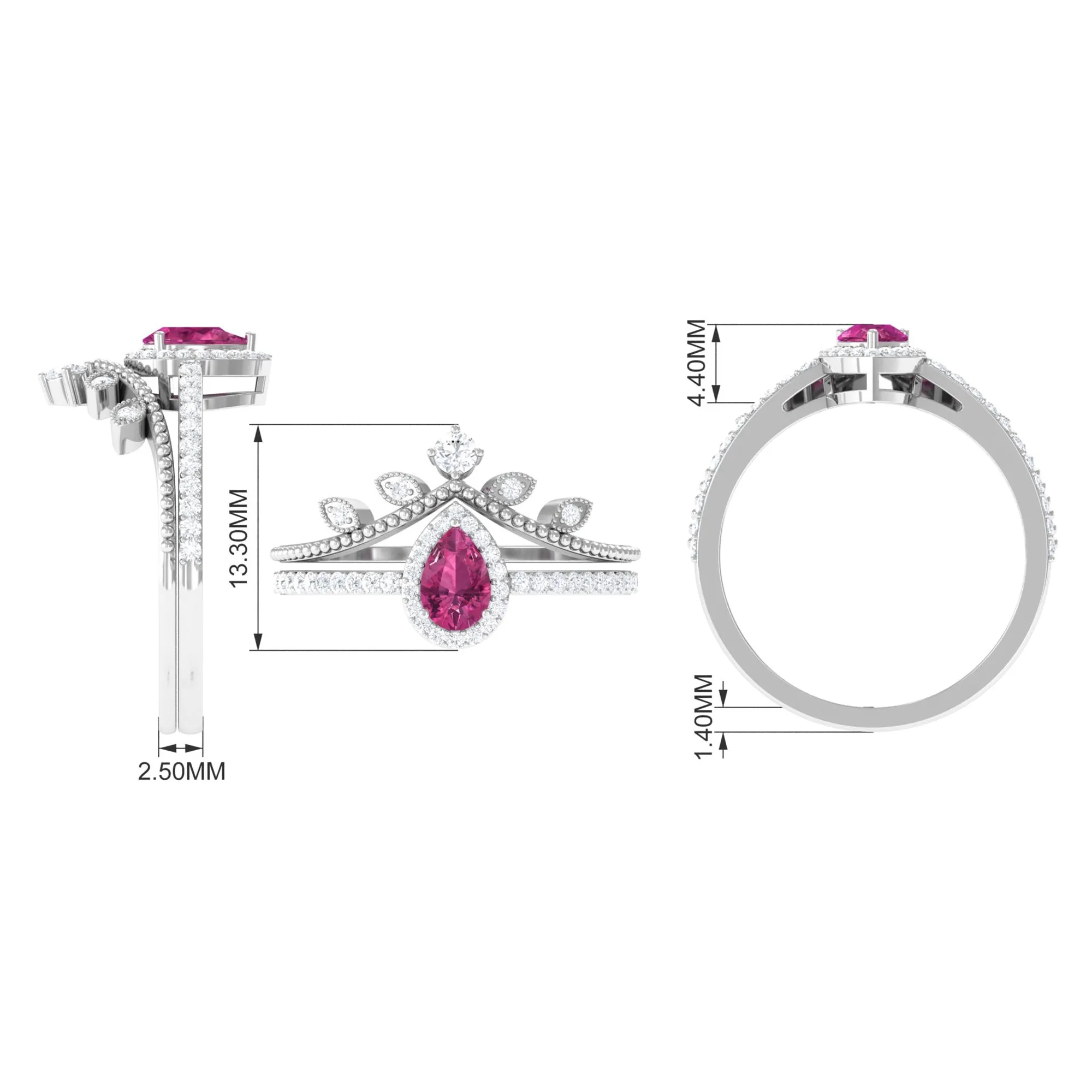 Pink tourmaline Vintage Teardrop Wedding Ring Set with Diamond