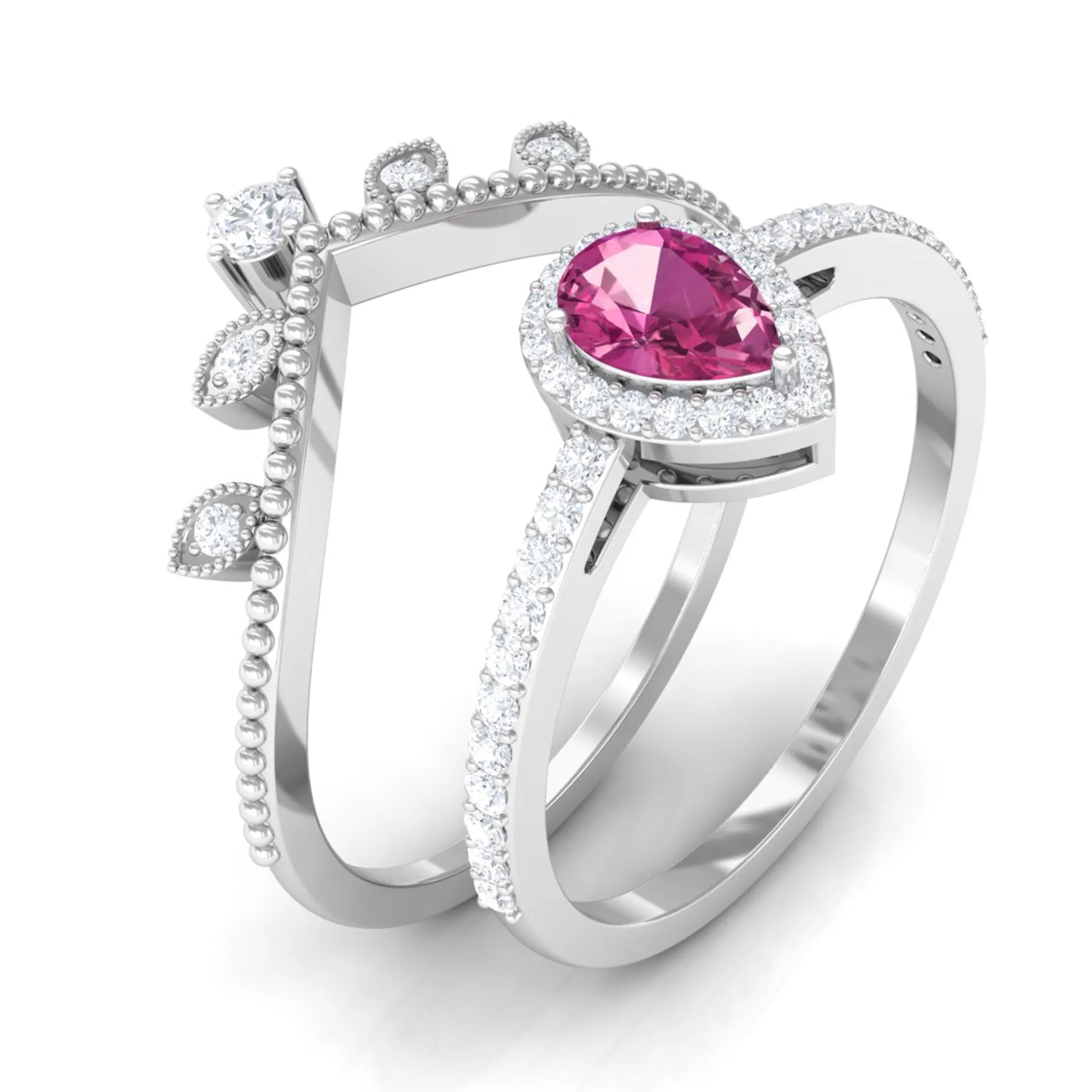 Pink tourmaline Vintage Teardrop Wedding Ring Set with Diamond