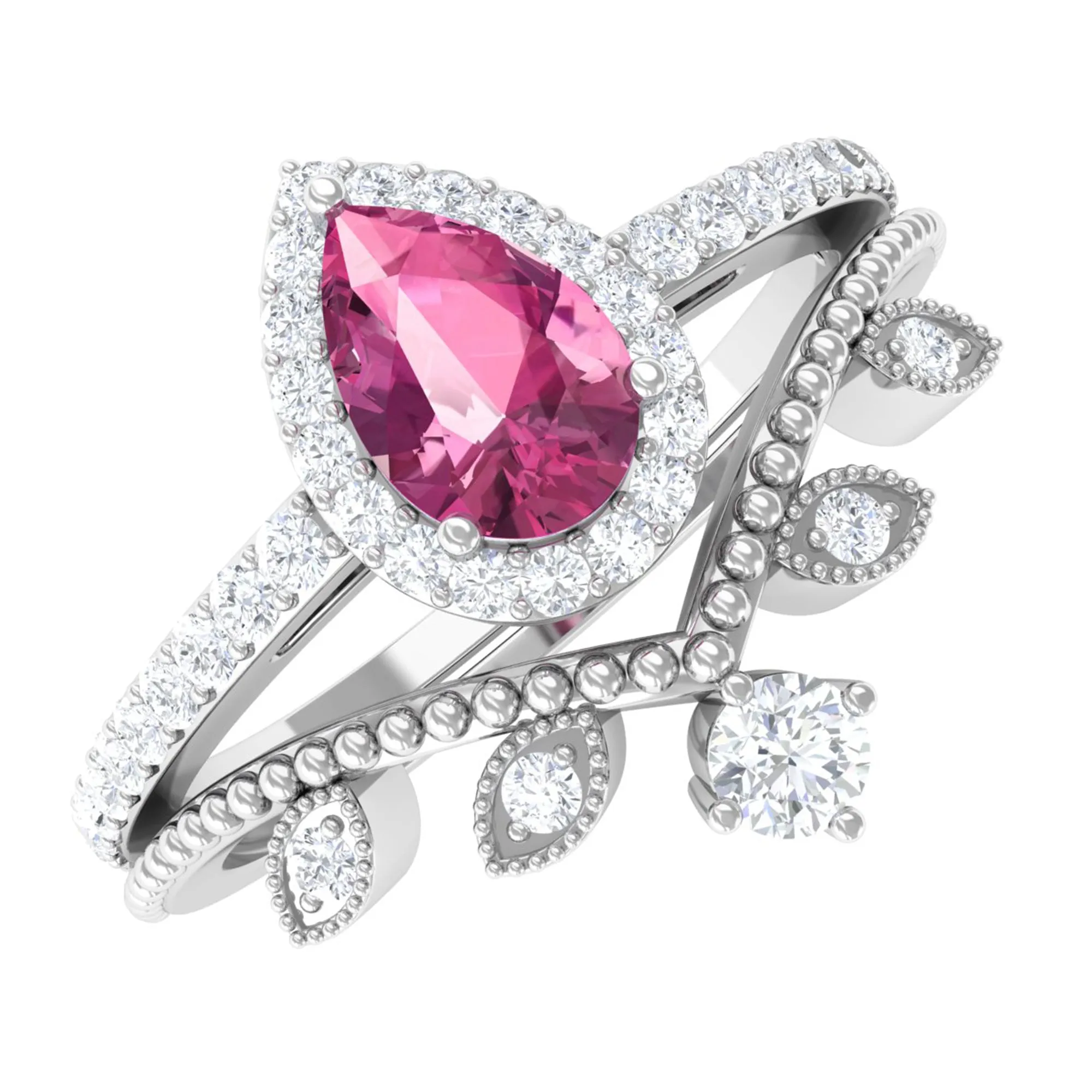 Pink tourmaline Vintage Teardrop Wedding Ring Set with Diamond