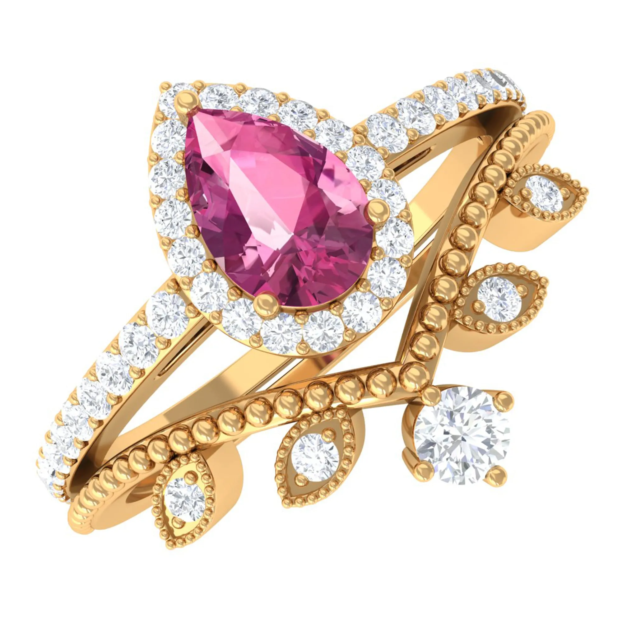 Pink tourmaline Vintage Teardrop Wedding Ring Set with Diamond