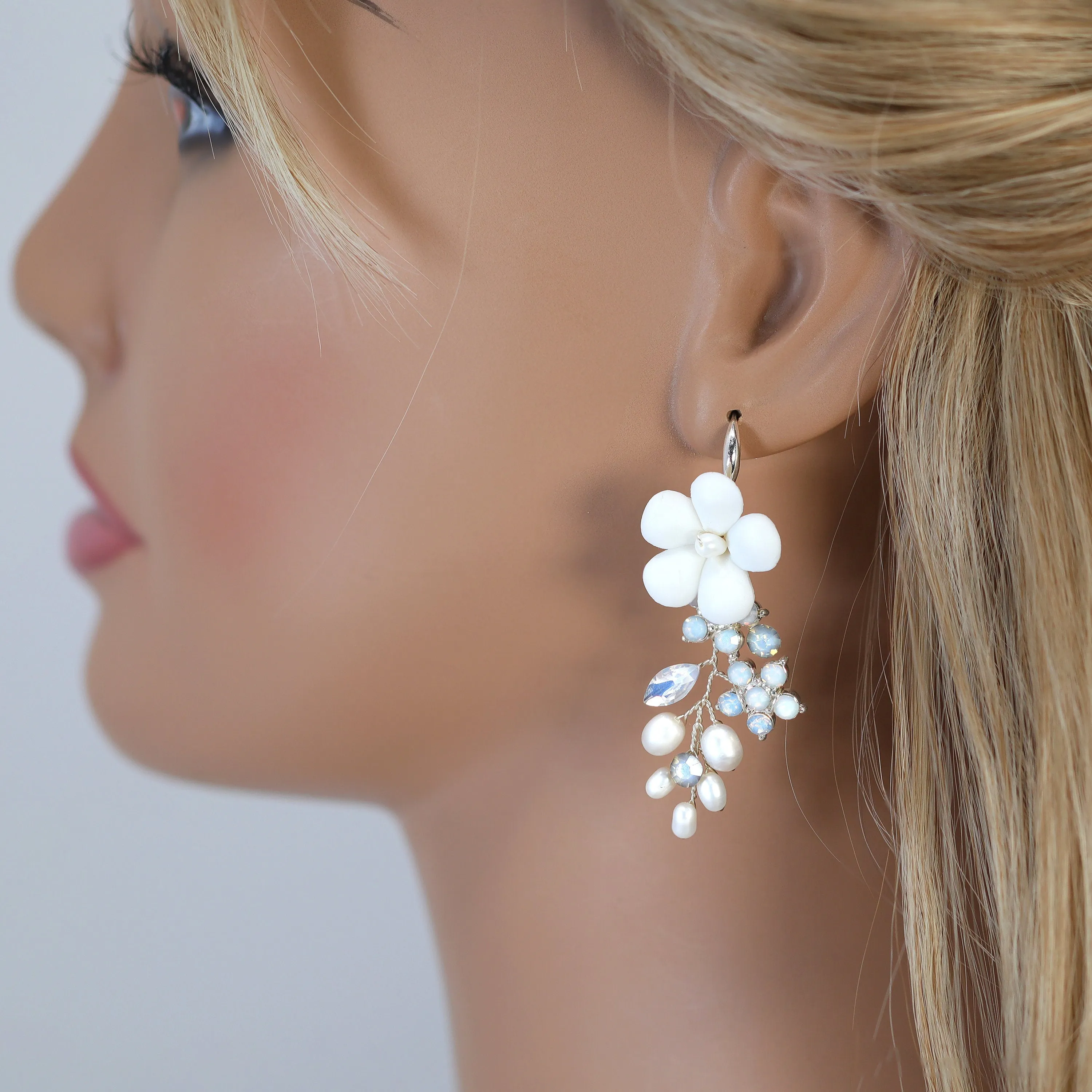 Porcelain Hawaiian White Flower And Opal Floral Freshwater Pearl Earrings, Long Bridal Jewelry, Opal Bridal Earrings, Statement Earrings