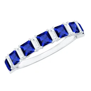 Princess Cut Lab Grown Blue Sapphire Half Eternity Ring with Diamond