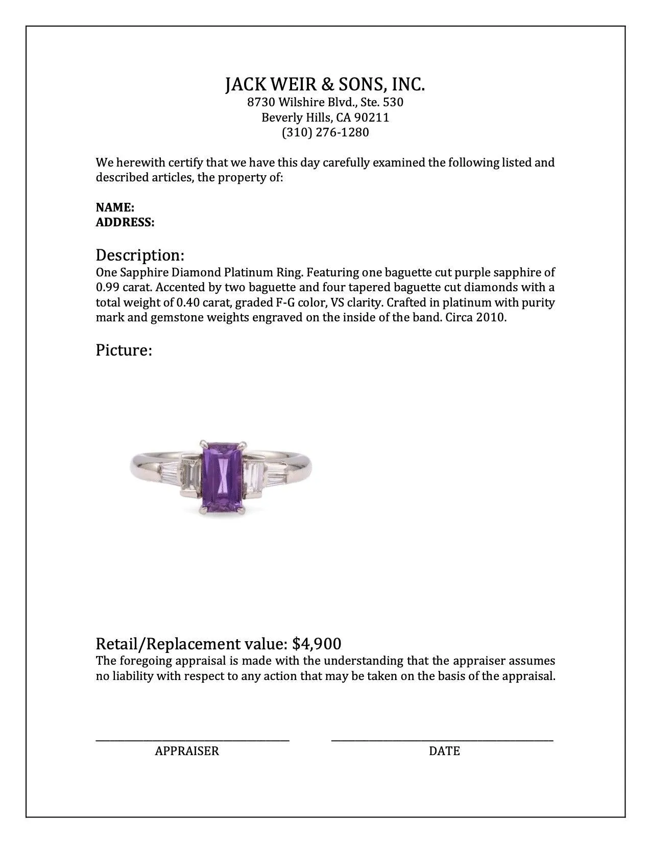 Purple Sapphire Diamond Platinum Ring