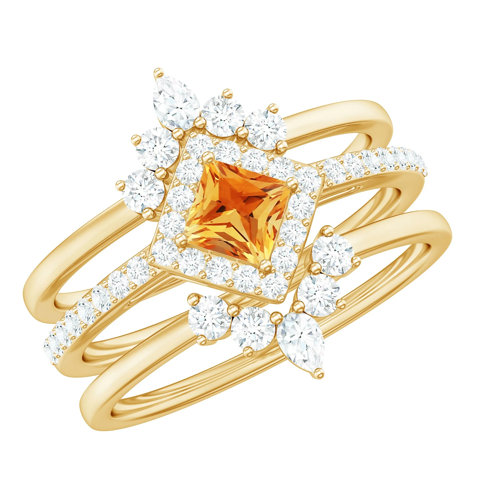 Real Citrine and Moissanite Trio Wedding Ring Set