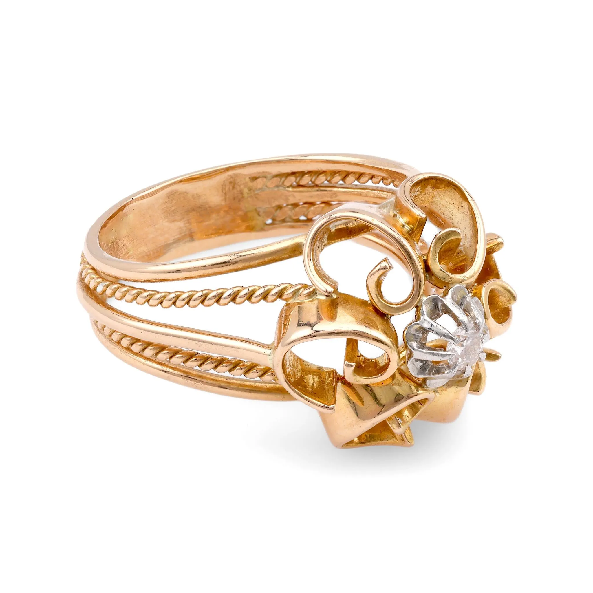 Retro French Diamond Yellow Gold and Platinum Floral Cocktail Ring