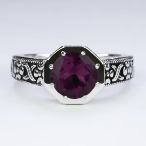 RHODOLITE GARNET STERLING SILVER RING VINTAGE STYLE ROUND CUT ART DECO GEMSTONE