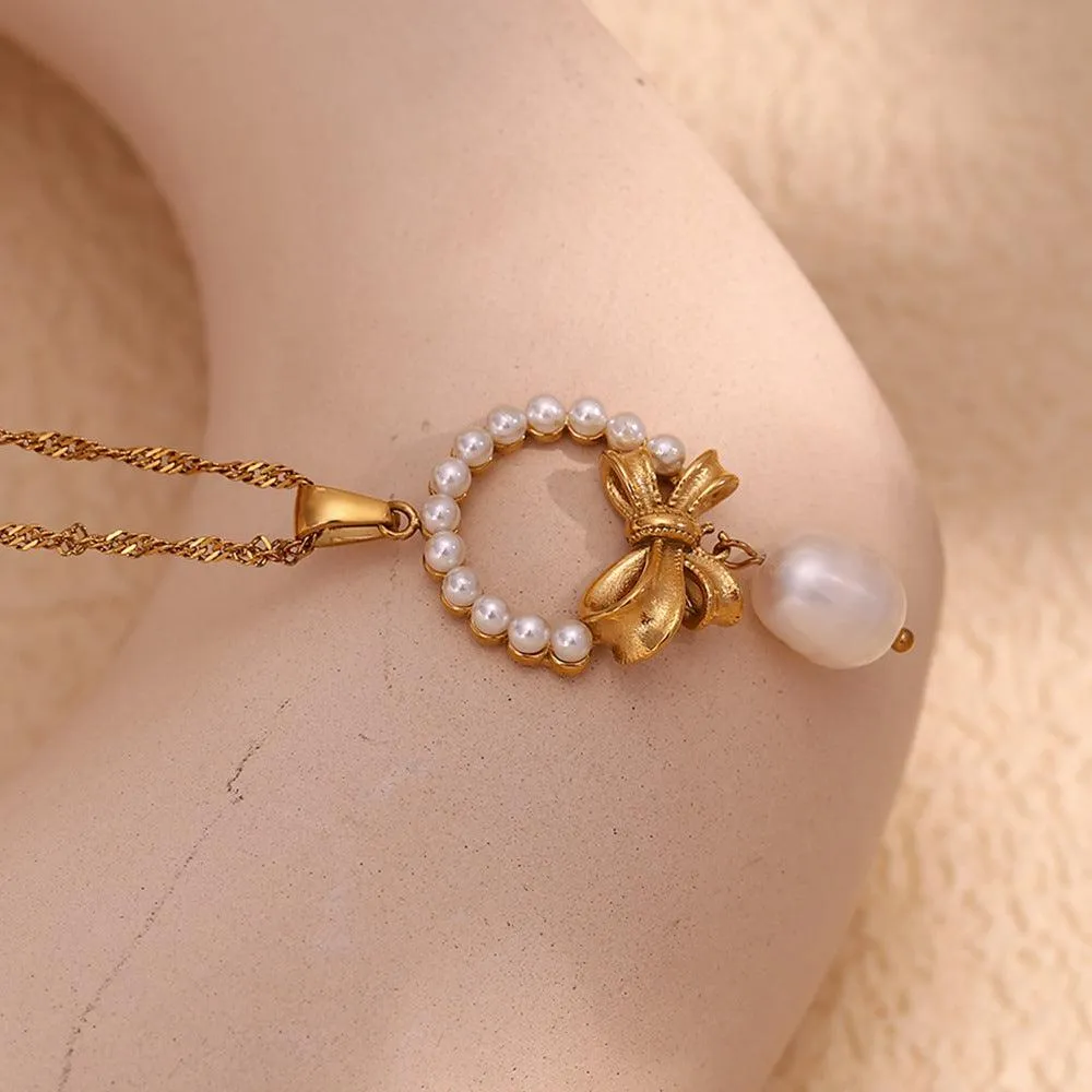 Romantic Bowknot Simulated Pearl Pendant Necklace – Fashion Jewelry