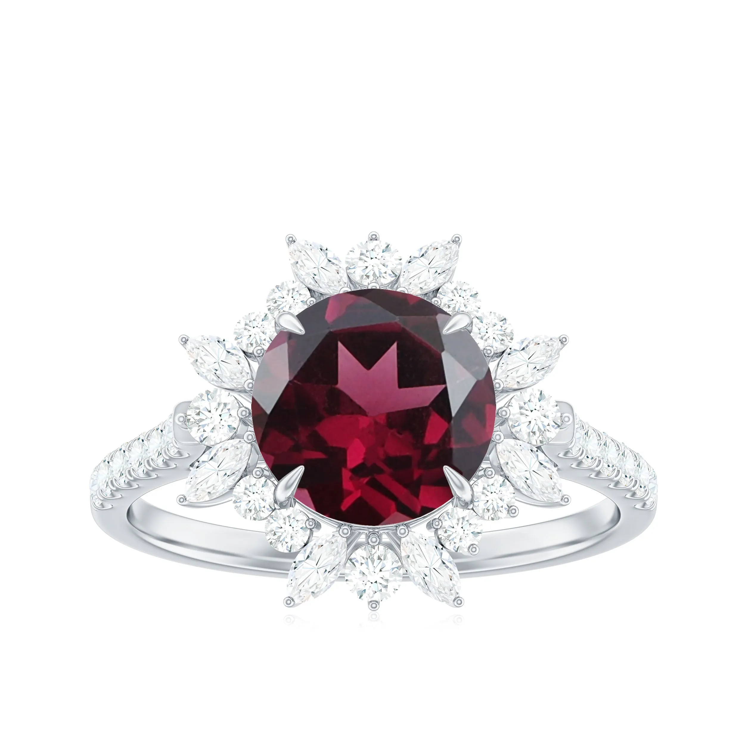 Round Rhodolite Statement Ring with Moissanite Floral Halo