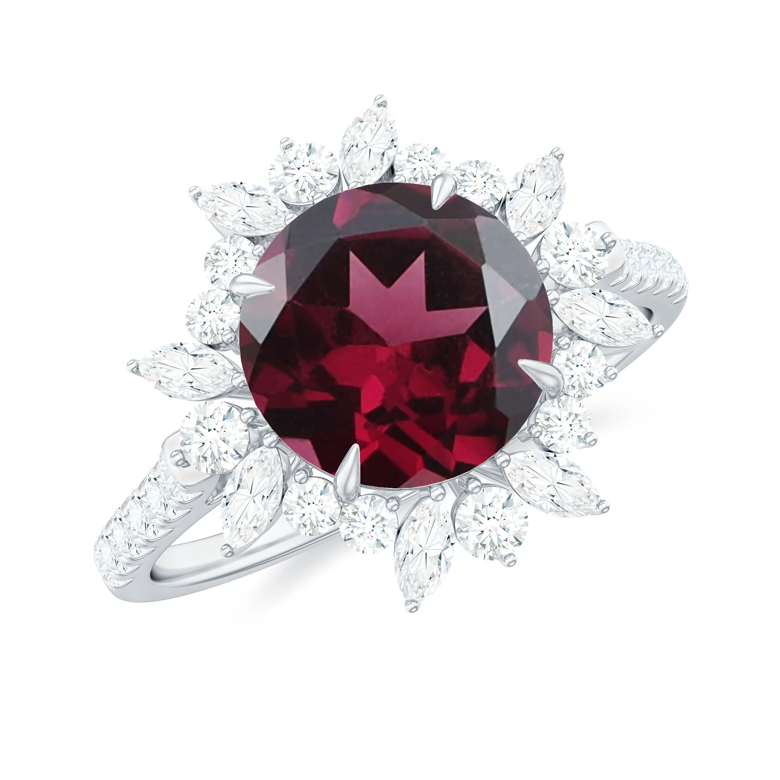 Round Rhodolite Statement Ring with Moissanite Floral Halo