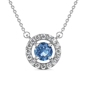 Royal December Birthstone Blue Topaz Necklace, 18k White Gold Plated Silver Halo Necklace with Round Cut Crystal