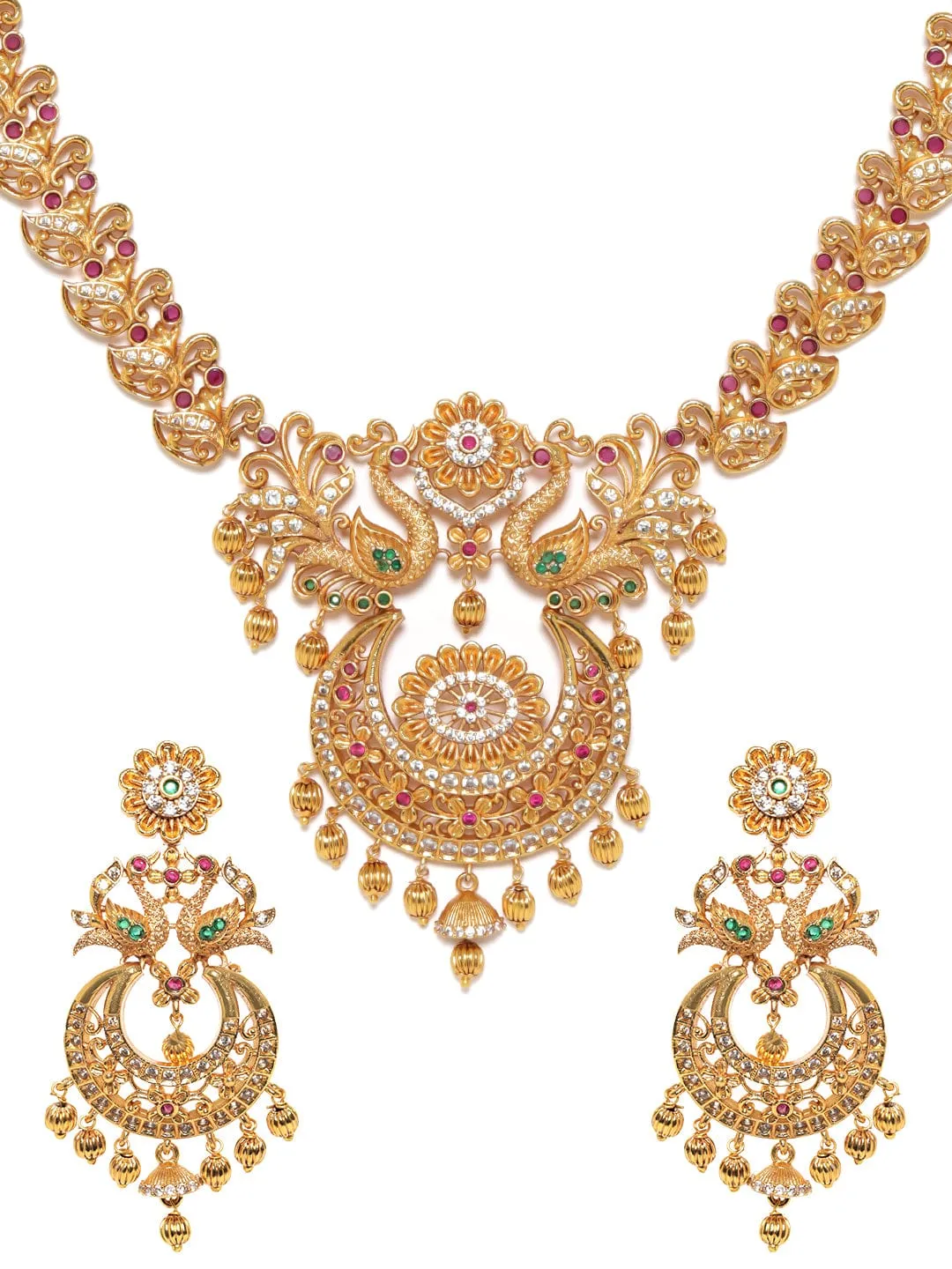 Rubans 22K Gold plated Ruby & Emerald peacock motif Temple Handcrafted necklace set. 