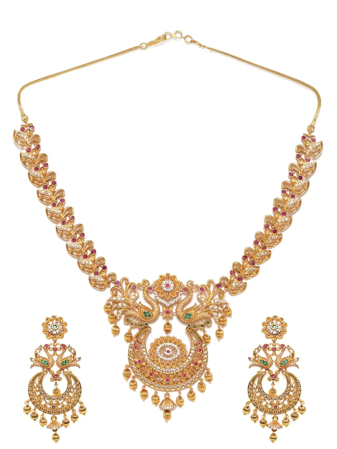 Rubans 22K Gold plated Ruby & Emerald peacock motif Temple Handcrafted necklace set. 