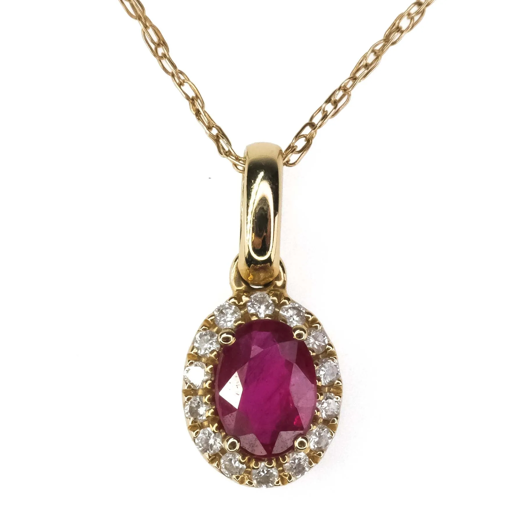 Ruby & Diamond Accented Oval Halo Pendant on 18" Chain Necklace in 10/14K Yellow Gold