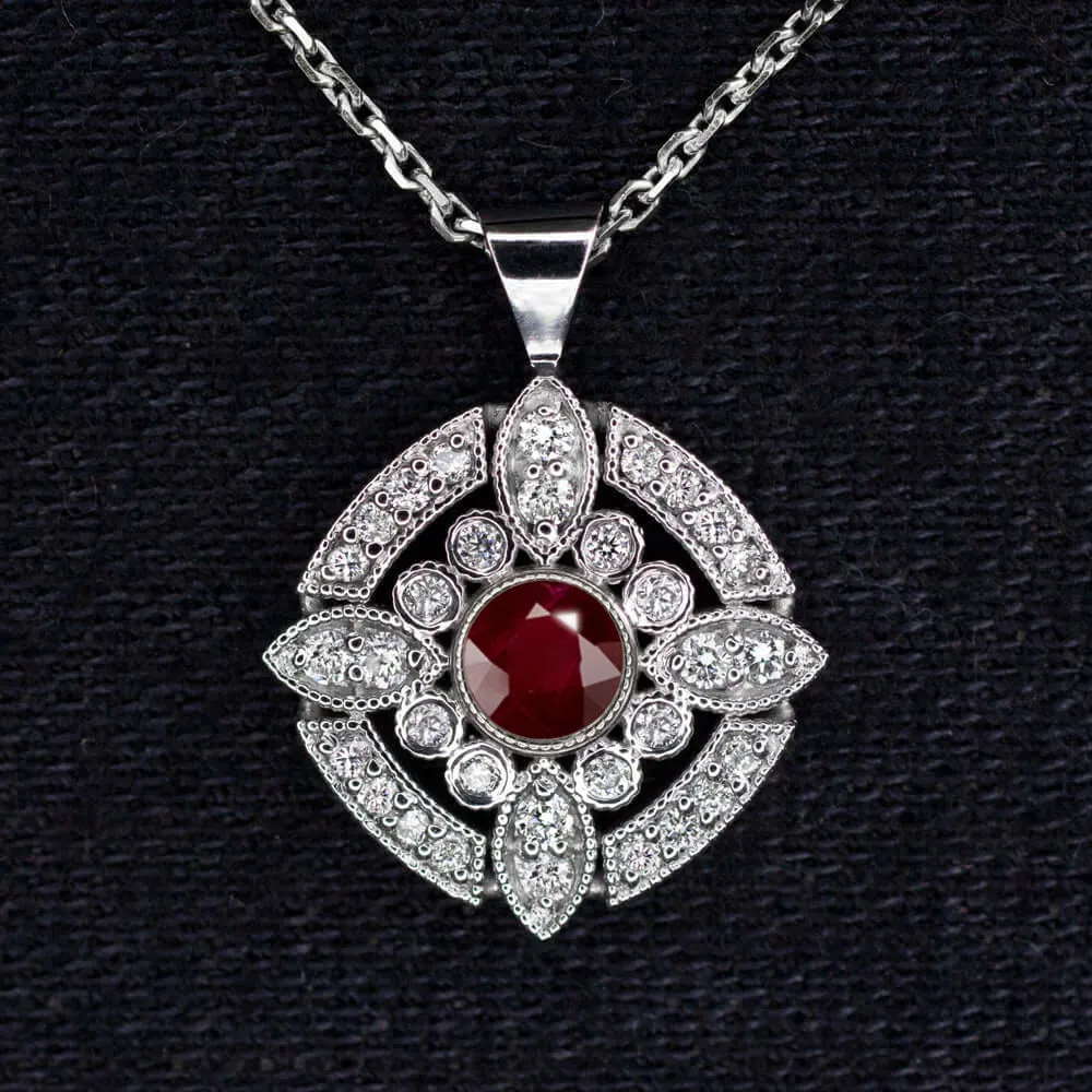 RUBY DIAMOND PENDANT ART DECO VINTAGE STYLE 14k WHITE GOLD RED HALO NECKLACE