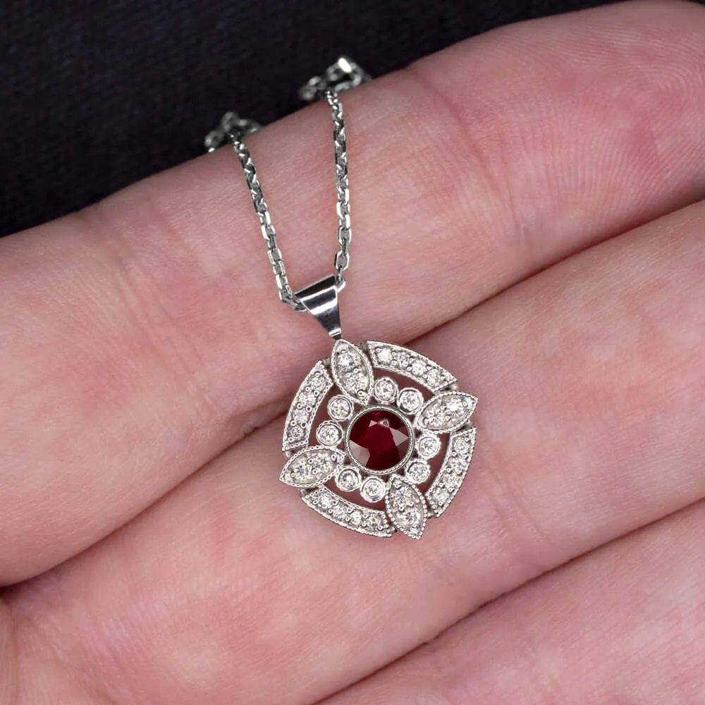 RUBY DIAMOND PENDANT ART DECO VINTAGE STYLE 14k WHITE GOLD RED HALO NECKLACE