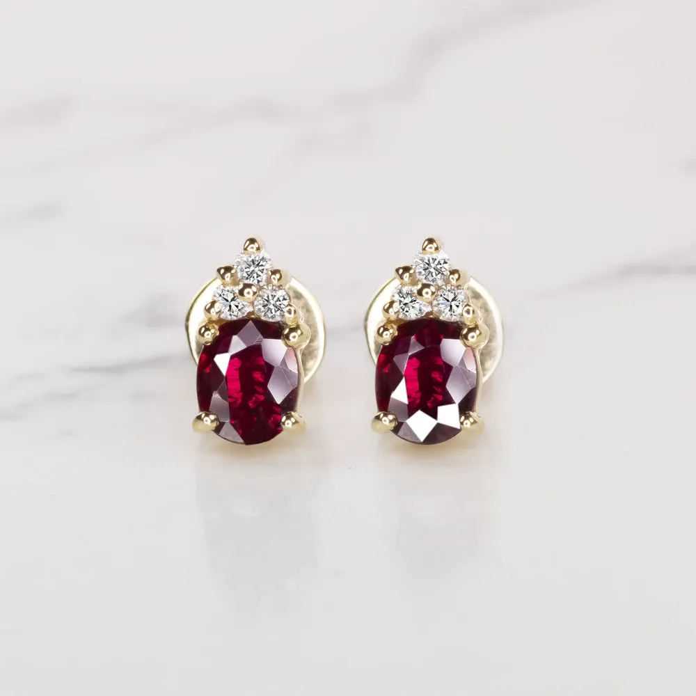 RUBY DIAMOND STUD EARRINGS 18k YELLOW GOLD 1.20ct OVAL SHAPE NATURAL RICH RED