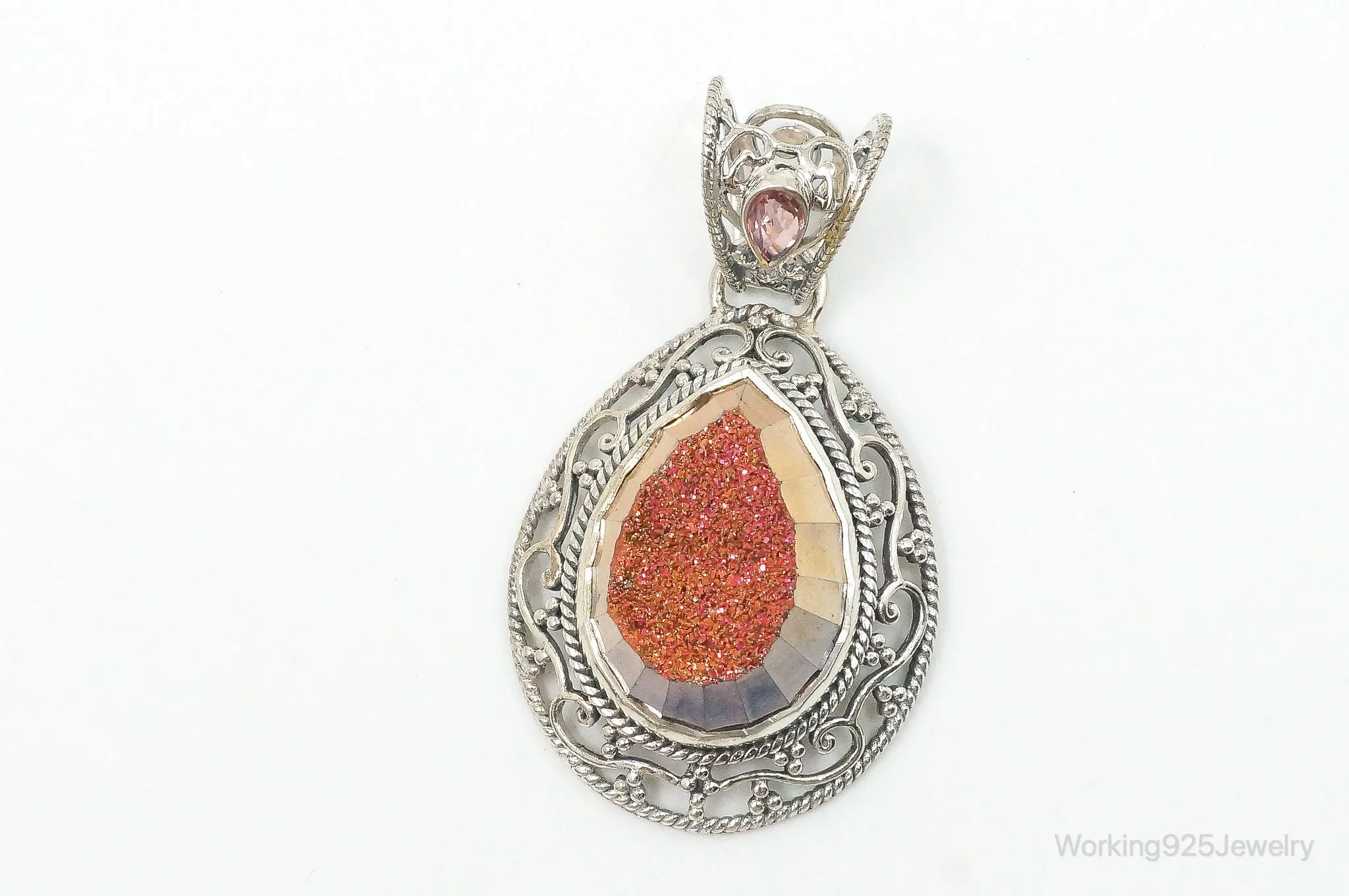 SAJEN Large Druzy Quartz Mystic Topaz Sterling Silver Necklace Pendant