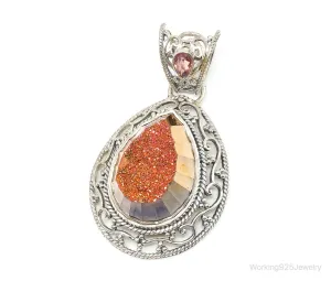 SAJEN Large Druzy Quartz Mystic Topaz Sterling Silver Necklace Pendant