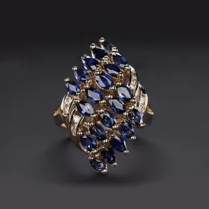 SAPPHIRE DIAMOND COCKTAIL RING 3ct CLUSTER STATEMENT NATURAL 14k YELLOW GOLD