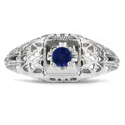 SAPPHIRE STERLING SILVER VINTAGE STYLE COCKTAIL RING FILIGREE PROMISE NATURAL